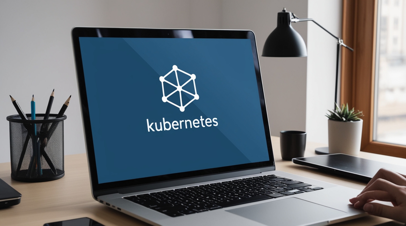 Strona internetowa pokazująca logo i nazwę Kubernetes, wprowadzająca użytkowników w temat co to jest Kubernetes.