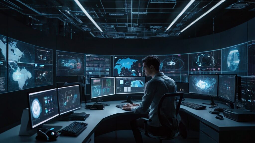 Inżynier DevOps w futurystycznym centrum zarządzania infrastrukturą IT, monitorujący nowoczesne technologie i procesy automatyzacji.